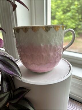 Pink and White Vintage KPM Porcelain Teacup with Gold Trim. Made in Germany